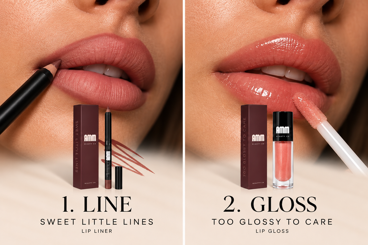 Two-step lip look: line with Sweet Little Lines, then gloss with Too Glossy To Care