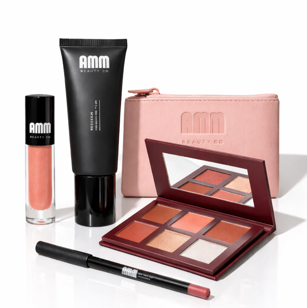 AMM Beauty Co makeup products including a foundation, face palette, and lip products 