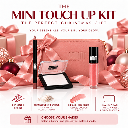 Mini Touch Up Kit Christmas gift image with lip liner, gloss, powder and makeup bag