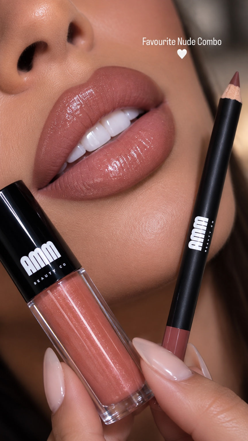 Favourite Nude Combo: AMM Beauty Co lip liner and lip and cheek gloss on model