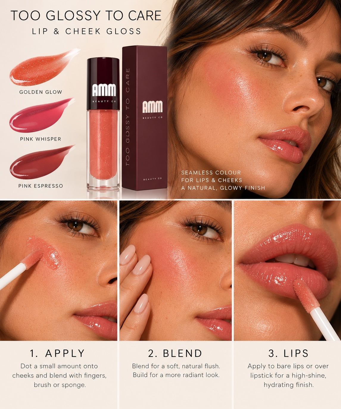 Too Glossy To Care lip and cheek gloss shade and application guide